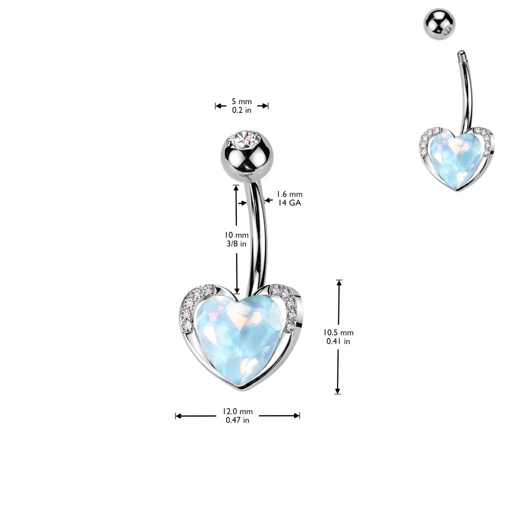 CZ Crystal Aqua Aurora Borealis Heart Belly Button Ring - 316L Stainless Steel