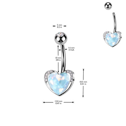 CZ Crystal Aqua Aurora Borealis Heart Belly Button Ring - 316L Stainless Steel