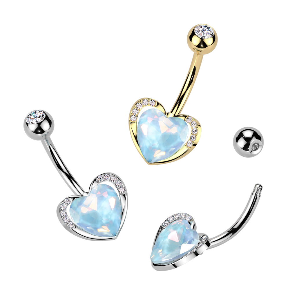 CZ Crystal Aqua Aurora Borealis Heart Belly Button Ring - 316L Stainless Steel