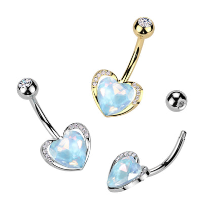 CZ Crystal Aqua Aurora Borealis Heart Belly Button Ring - 316L Stainless Steel