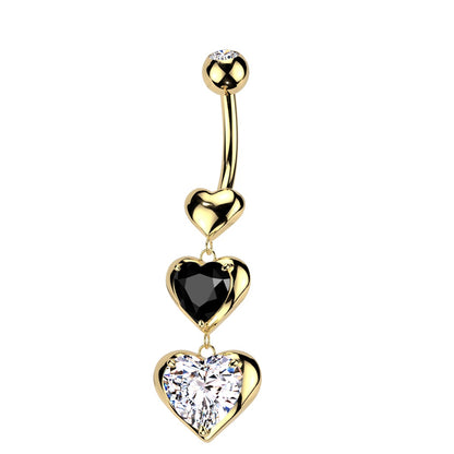 CZ Crystal Triple Heart Dangling Belly Button Ring - 316L Stainless Steel