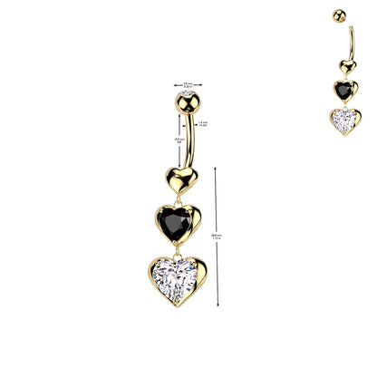 CZ Crystal Triple Heart Dangling Belly Button Ring - 316L Stainless Steel