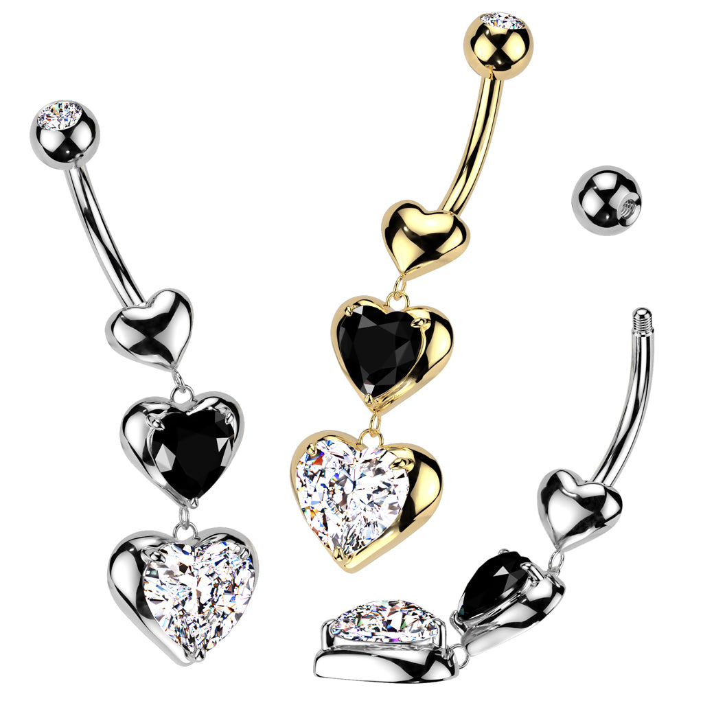 CZ Crystal Triple Heart Dangling Belly Button Ring - 316L Stainless Steel