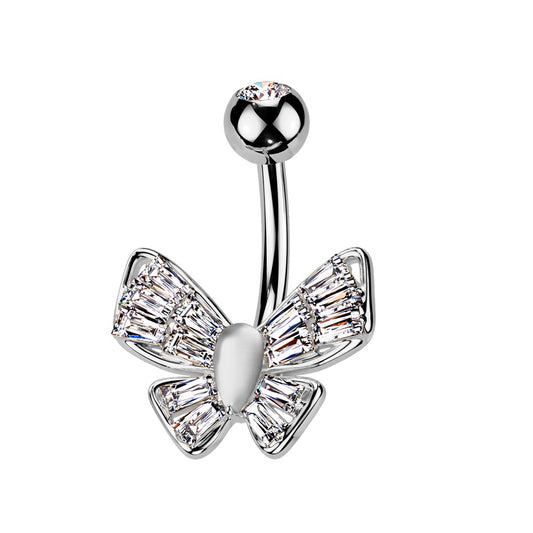 CZ Crystal Cat's Eye Stone Center Butterfly Belly Button Ring - 316L Stainless Steel