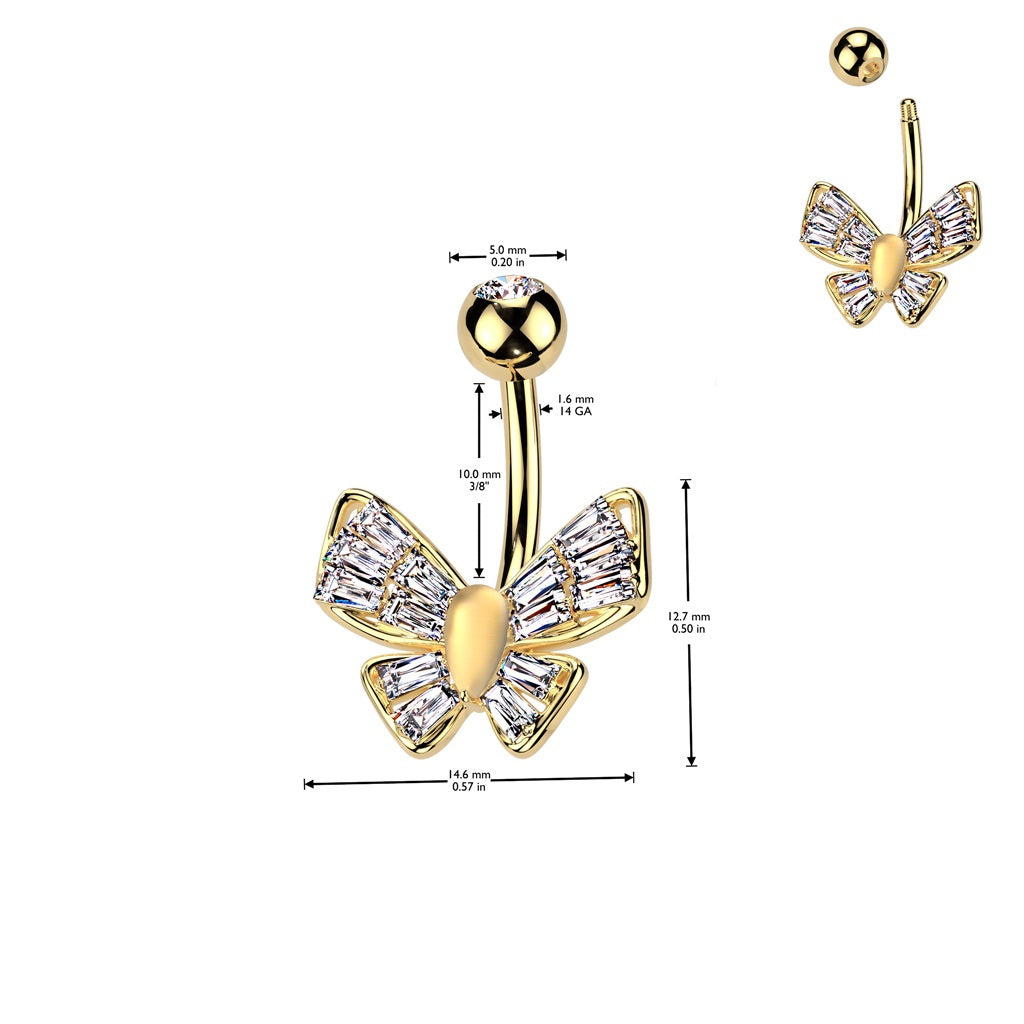 CZ Crystal Cat's Eye Stone Center Butterfly Belly Button Ring - 316L Stainless Steel