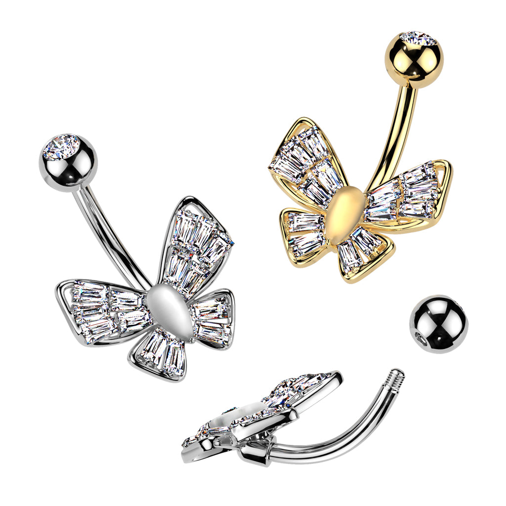 CZ Crystal Cat's Eye Stone Center Butterfly Belly Button Ring - 316L Stainless Steel