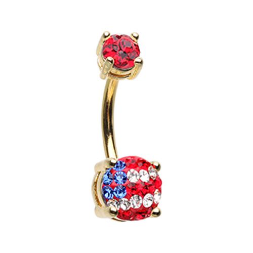 CZ Crystal American Flag Sparkling Belly Button Ring - Gold Plated Stainless Steel