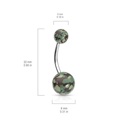 Acrylic Camouflage Printed Balls Belly Button Ring - 316L Stainless Steel