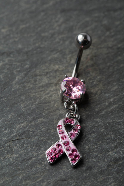 Pink Ribbon Breast Cancer Awareness Crystal Dangling Belly Button Ring - Stainless Steel