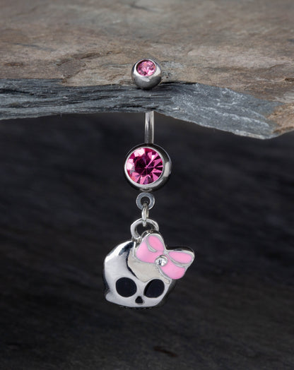 Cute Skull with Paved Gem and Epoxy Bow Navel Belly Ring - 316L Surgical Steel