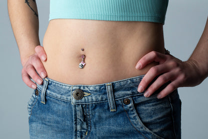 Cute Skull with Paved Gem and Epoxy Bow Navel Belly Ring - 316L Surgical Steel