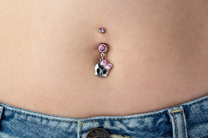 Cute Skull with Paved Gem and Epoxy Bow Navel Belly Ring - 316L Surgical Steel