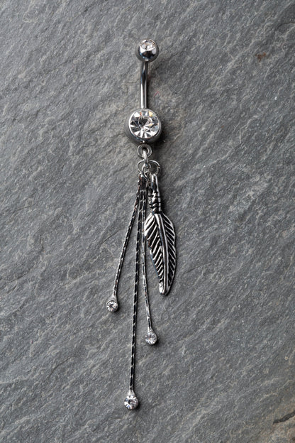 Feather and Chains CZ Crystal Dangling Belly Button Ring
 - 316L Stainless Steel