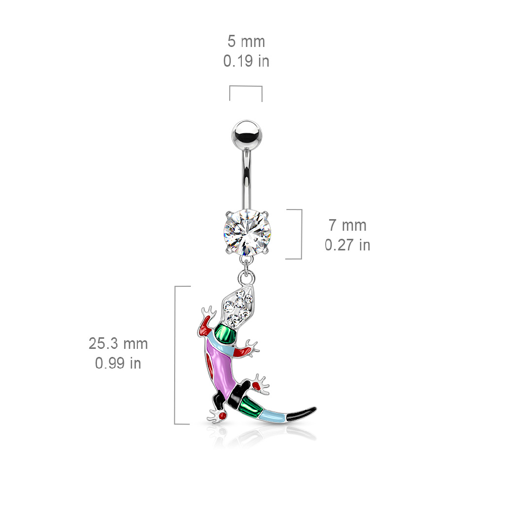 CZ Crystal Multicolored Epoxy Lizard Gecko Dangling Belly Button Ring - 316L Stainless Steel