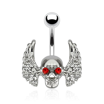 Winged Skull with Red CZ Crystal Eyes Belly Button Ring - Surgical Steel