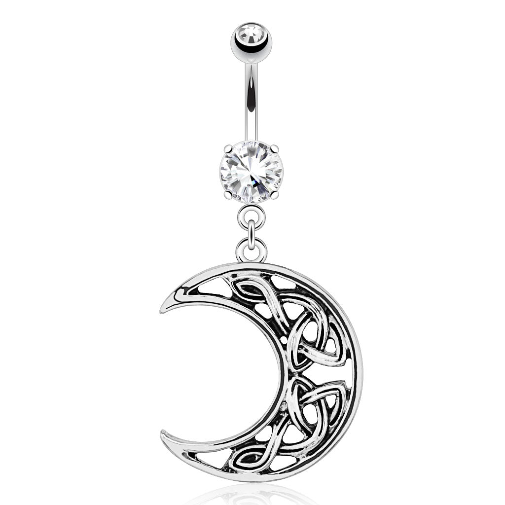 Crescent Moon with Weaving Pattern Dangling Belly Button Ring - Stainless Steel