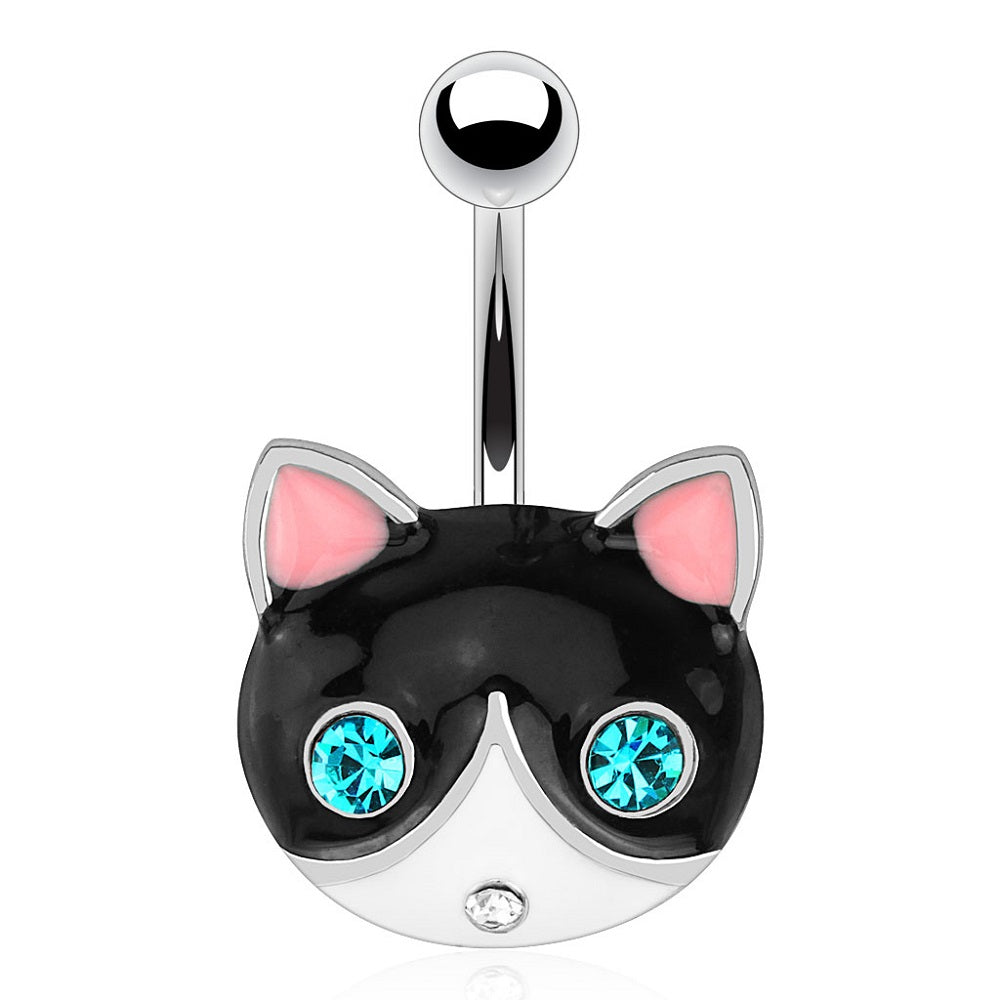 Black Cat Face with Blue CZ Crystal Eyes Belly Button Ring - Stainless Steel