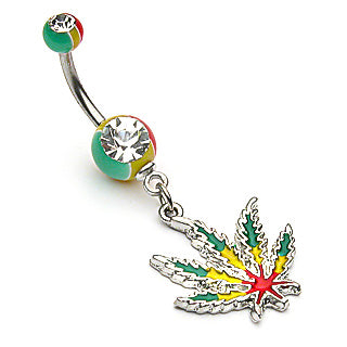 CZ Crystal Dangling Jamaican Pot Leaf Belly Button Ring - Stainless Steel