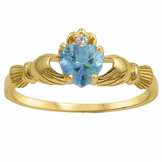CZ Crystal Heart Claddagh Ring - Gold Plated 925 Sterling Silver