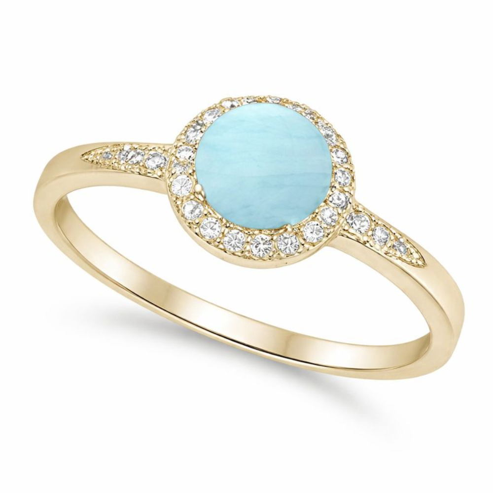 Round Larimar Stone with CZ Crystal Halo Ring - 925 Sterling Silver
