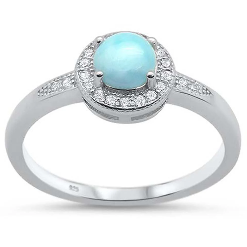 Round Larimar Stone with CZ Crystal Halo Ring - 925 Sterling Silver