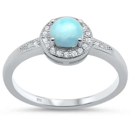 Round Larimar Stone with CZ Crystal Halo Ring - 925 Sterling Silver