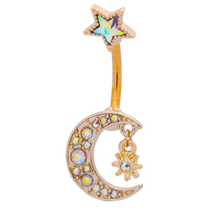 Aurora Borealis Zircon Paved Crescent Moon with Dangling Star Belly Button Ring - 316L Stainless Steel