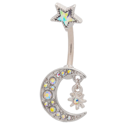 Aurora Borealis Zircon Paved Crescent Moon with Dangling Star Belly Button Ring - 316L Stainless Steel