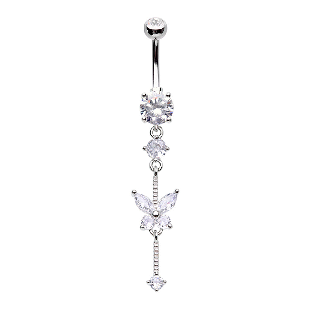 CZ Crystal Butterfly Drop Dangling Belly Button Ring - Stainless Steel