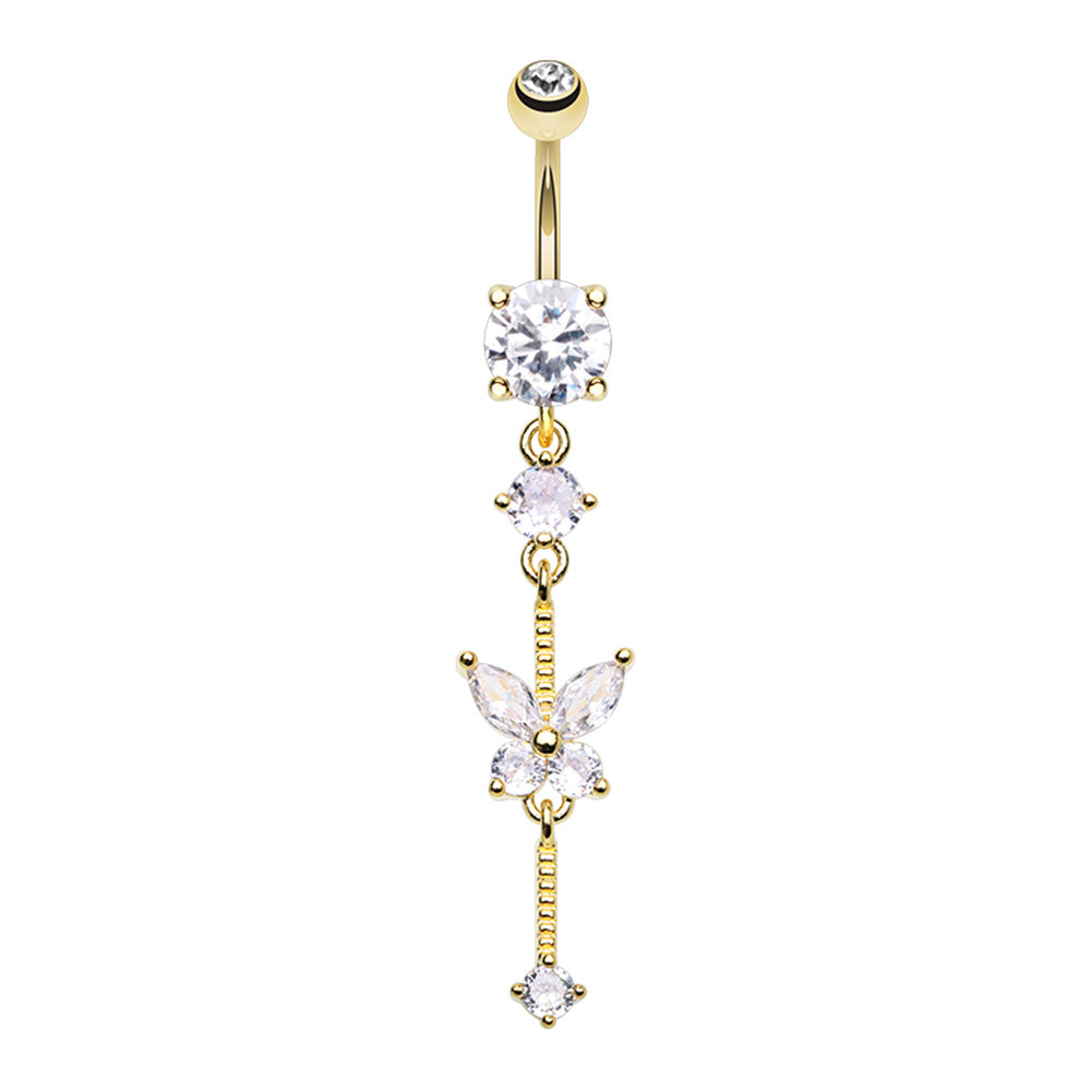 CZ Crystal Butterfly Drop Dangling Belly Button Ring - Stainless Steel