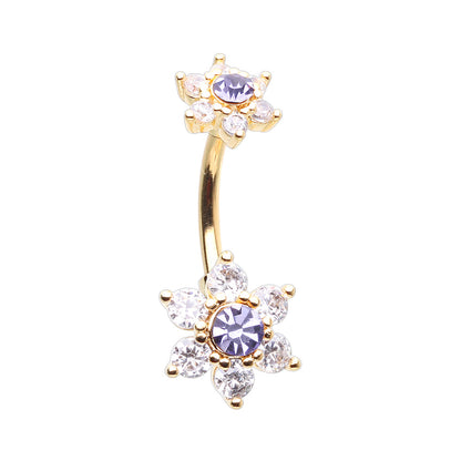 CZ Crystal Double Purple Flower Belly Button Ring - Gold Plated 316L Stainless Steel