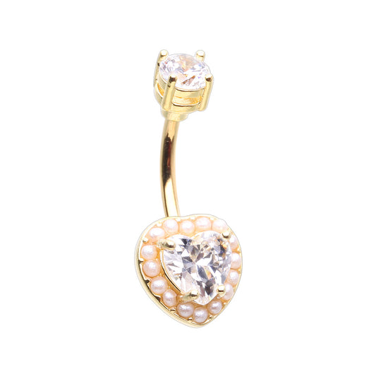 CZ Crystal Heart Surrounded by Faux Pearls Belly Button Ring - Gold Plated 316L Stainless Steel
