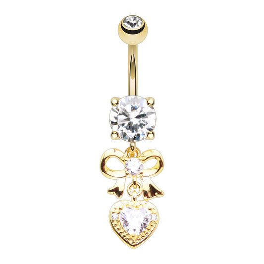 CZ Crystal Bow with Dangling Heart Belly Button Ring - Gold Plated 316L Stainless Steel