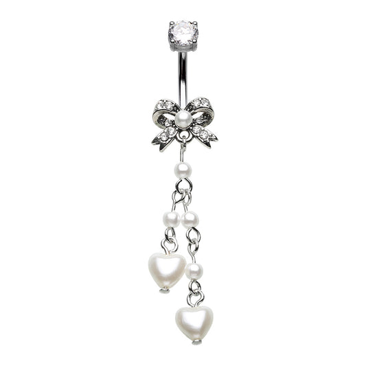 CZ Crystal Bow with Dangling Faux Pearls Belly Button Ring - 316L Stainless Steel