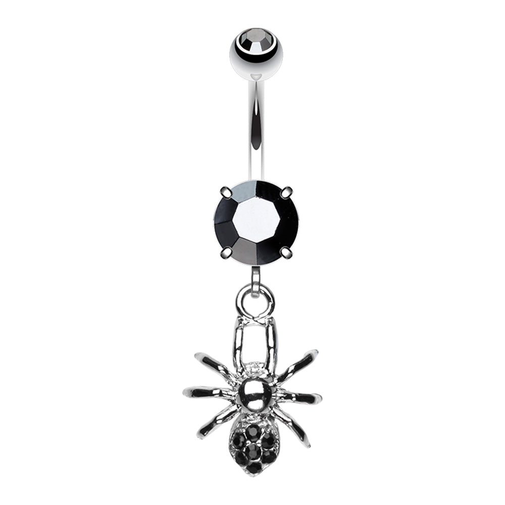 Black CZ Crystal Gothic Spider Dangling Belly Button Ring - Stainless Steel