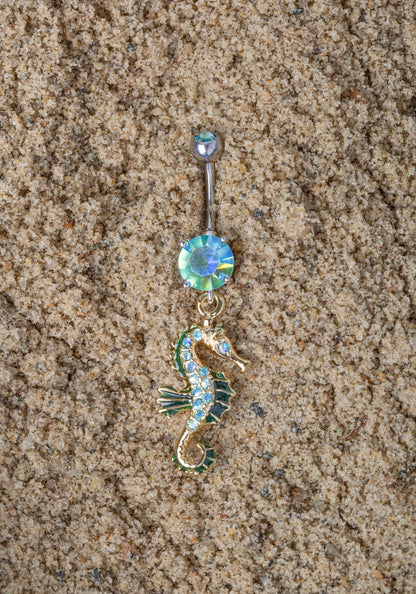 Aqua CZ Crystal Seahorse Dangling Belly Button Ring - Stainless Steel