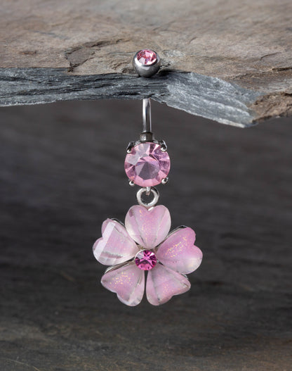 CZ Crystal Hawaiian Flower Dangling Belly Button Ring - Stainless Steel