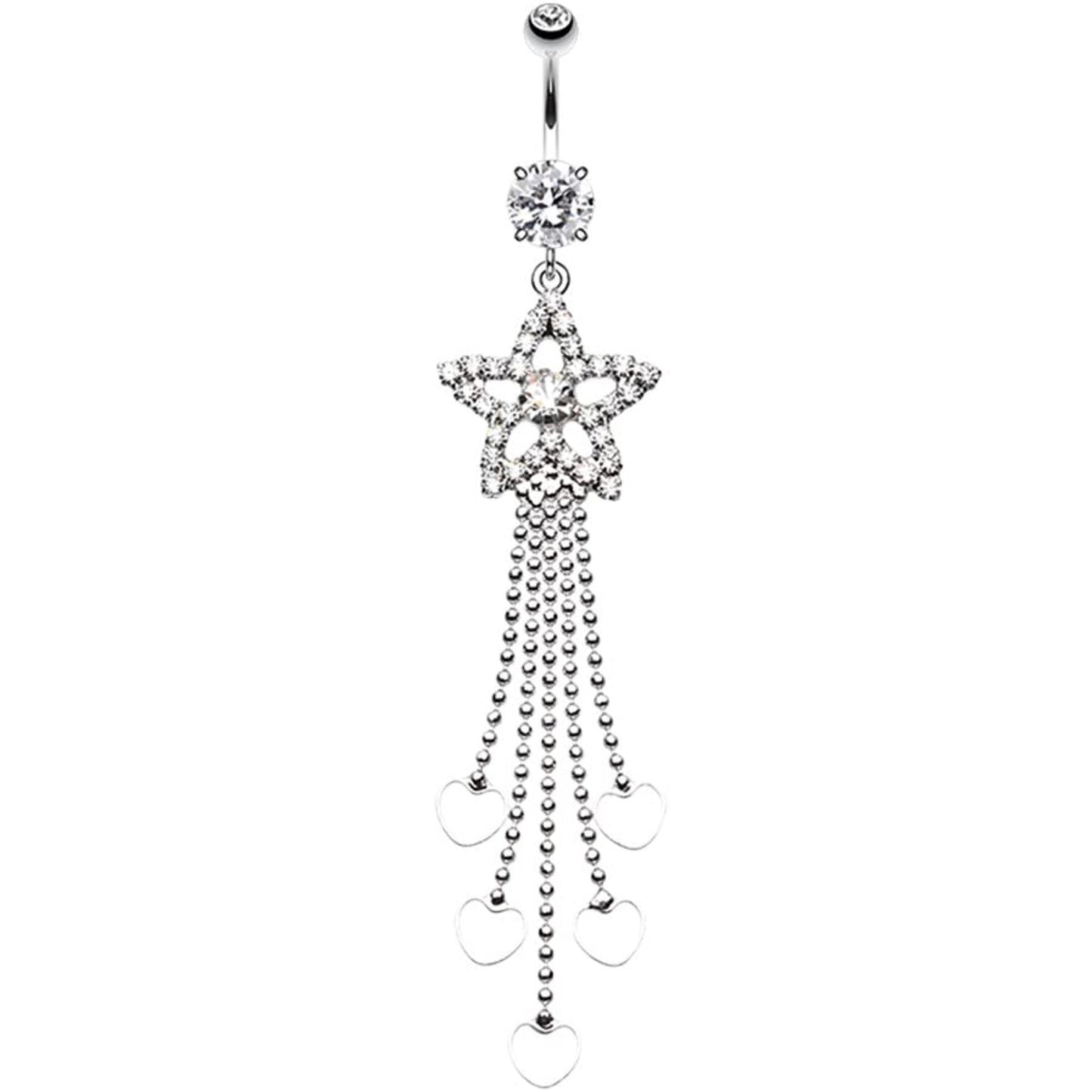 CZ Crystal Star with Dangling Heart Chains Belly Button Ring - Stainless Steel