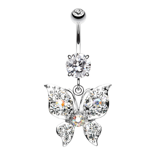 CZ Crystal Extravagant Butterfly Dangling Belly Button Ring - Stainless Steel