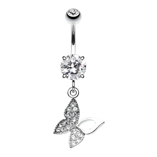 CZ Crystal Paved Butterfly with Cutout Dangling Belly Button Ring - Stainless Steel
