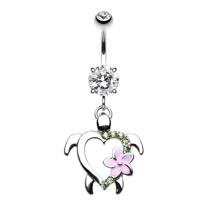 Light Green CZ Crystal Turtle with Hawaiian Flower Dangling Belly Button Ring - Stainless Steel
