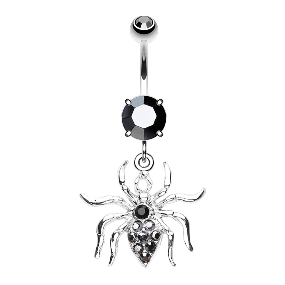 Black CZ Crystal Venomous Spider Dangling Belly Button Ring - Stainless Steel