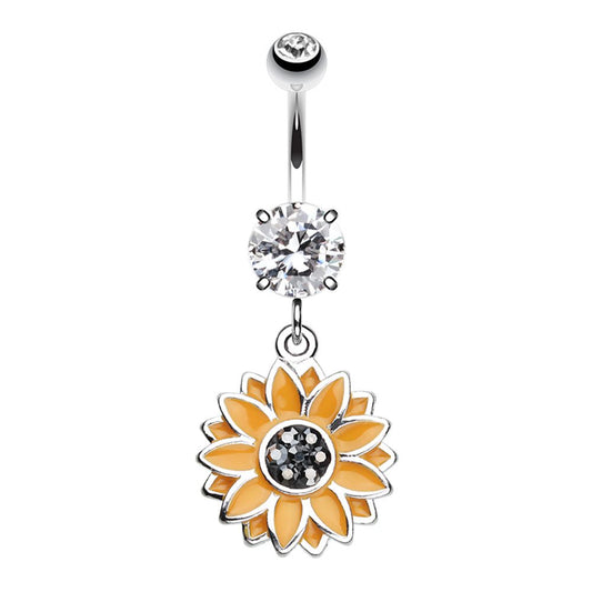 CZ Crystal Sunflower Dangling Belly Button Ring - Stainless Steel