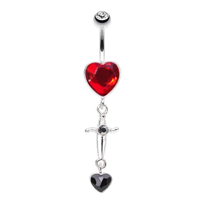 CZ Crystal Heart and Dagger Dangling Belly Button Ring - Stainless Steel