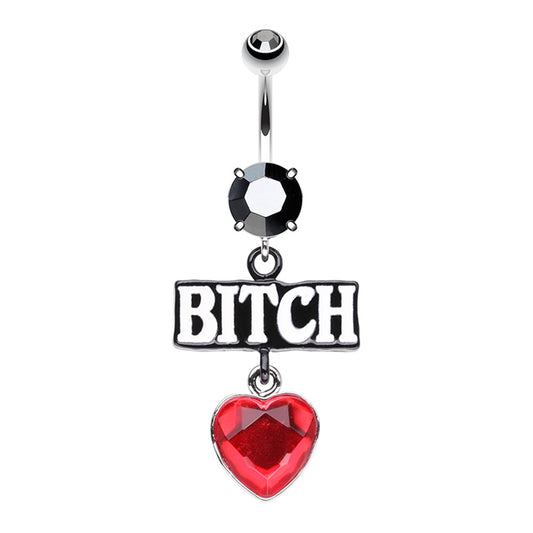 CZ Crystal Bitch with Dangling Heart Belly Button Ring - Stainless Steel