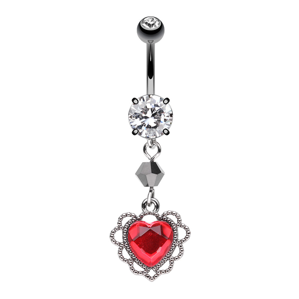 CZ Crystal Victorian Lace Doily Heart Dangling Belly Button Ring - Stainless Steel