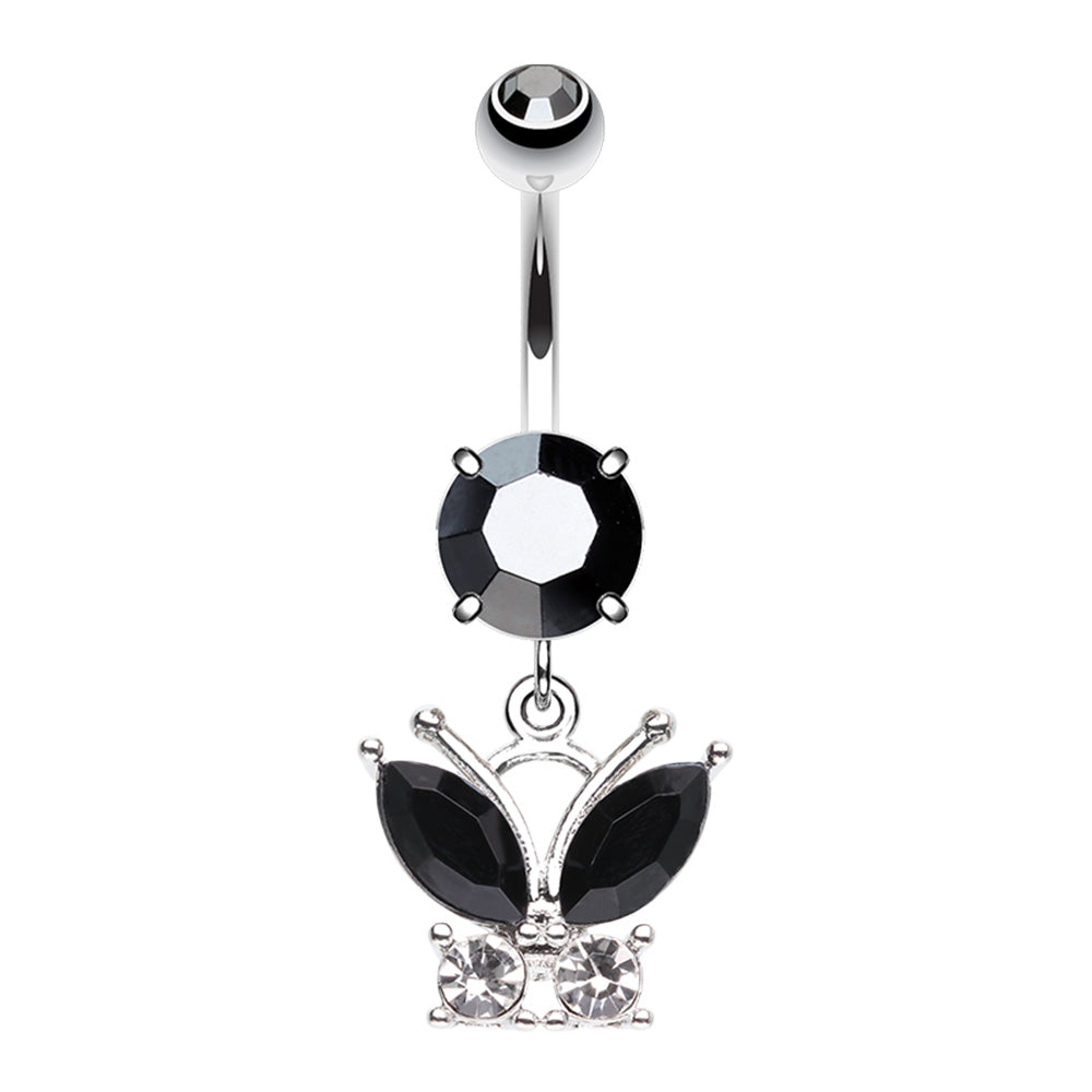 CZ Crystal Black Butterfly Dangling Belly Button Ring - Stainless Steel