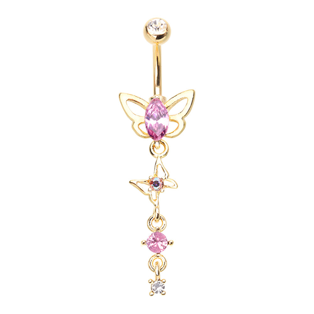 Pink CZ Crystal Butterfly with Dangling Gems Belly Button Ring - Gold Plated Stainless Steel