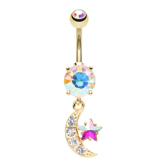 Aurora Borealis CZ Crystal Crescent Moon and Star Dangling Belly Button Ring - Gold Plated Stainless Steel