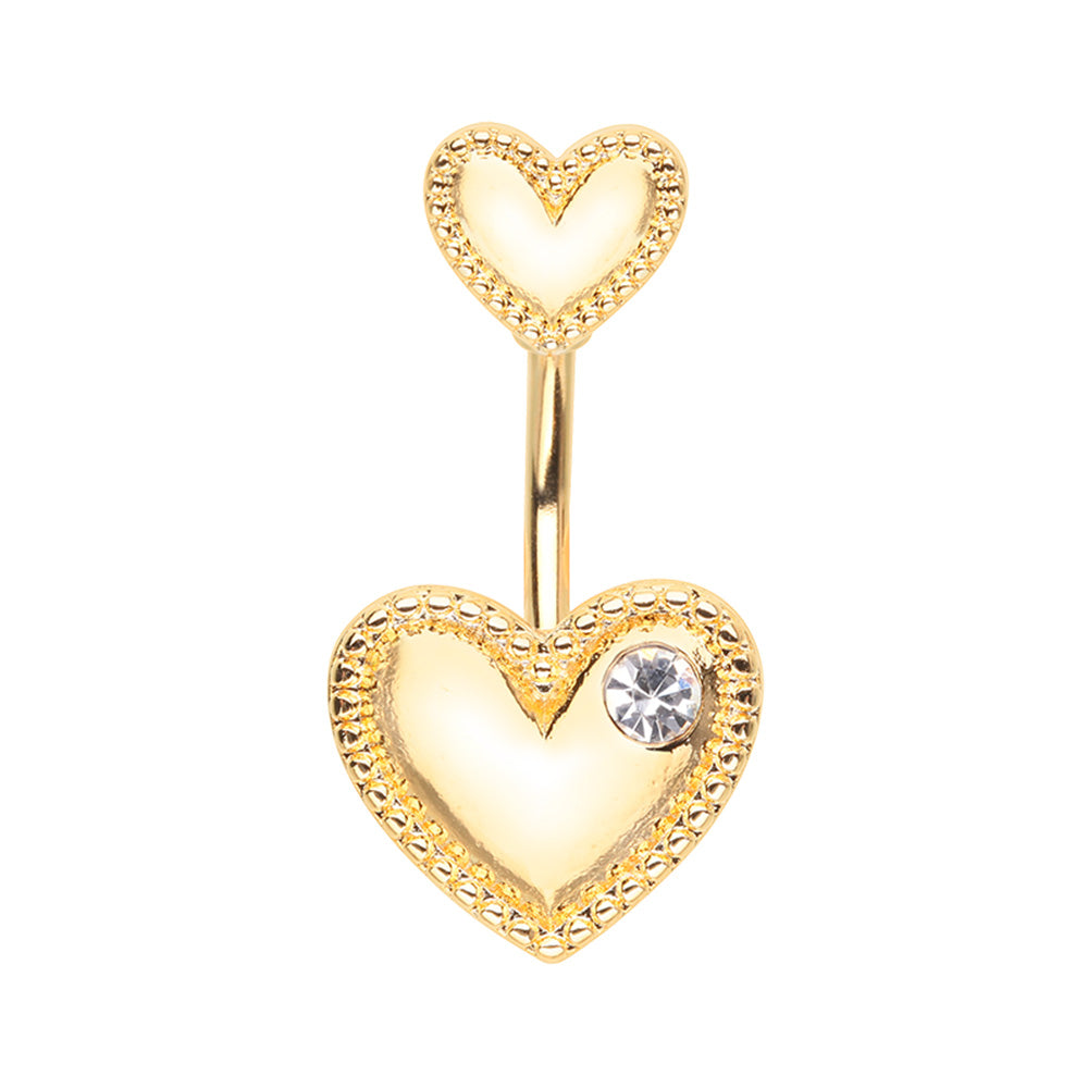 CZ Crystal Double Heart Belly Button Ring - Gold Plated Stainless Steel